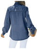 Back view of model wearing blue puff sleeves button-down top
