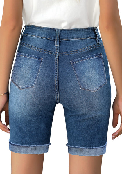 Back view of model wearing deep blue high-waist button-up rolled hem ripped bermuda shorts