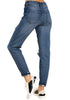 Back view of model in deep blue cuffed ripped denim boyfriend jeans