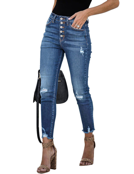 Blue High-Waist Button-Up Raw Hem Ripped Cropped Jeans