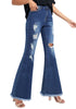 Side view of model wearing Deep Blue Ripped-Waist Rise Flared Denim Jeans