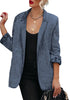 Front view of model wearing deep blue lapel collar flap pockets open-front denim blazer