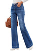 Side view of model poses wearing blue mid-waist stretchable straight leg denim jeans