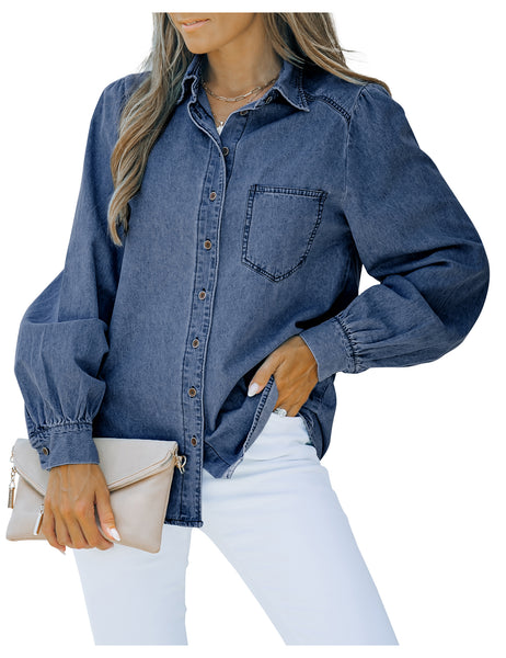 Model wearing blue puff sleeves button-down top