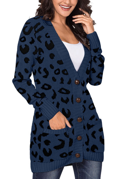 LookbookStore Women Open Front Knit Cardigan Leopard Print Button Down Sweater Coat