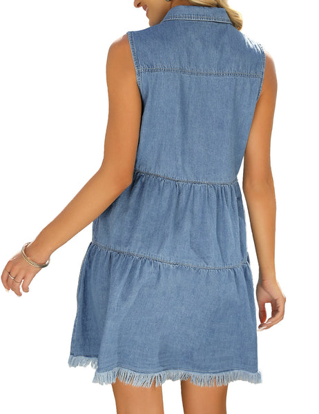 Back view of model wearing blue button down collar sleeveless tiered denim dress