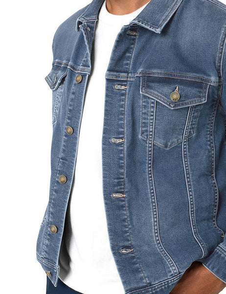 Closeup of medium blue men's basic button down denim jacket