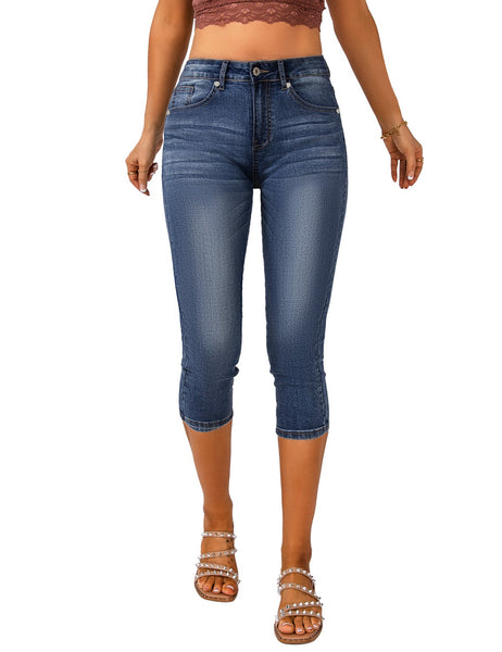 Front view of model wearing blue below knee skinny fit jeans shorts