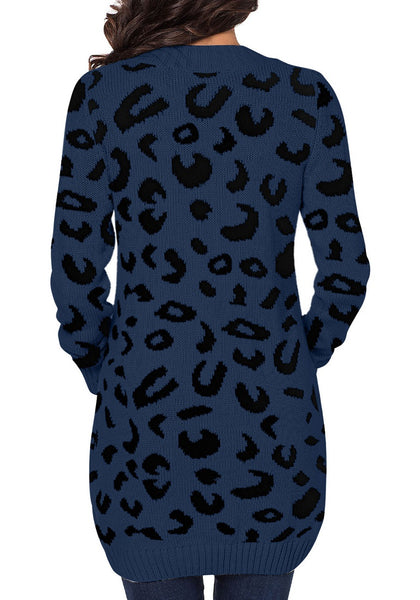 LookbookStore Women Open Front Knit Cardigan Leopard Print Button Down Sweater Coat