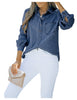 Posing model wearing blue puff sleeves button-down top