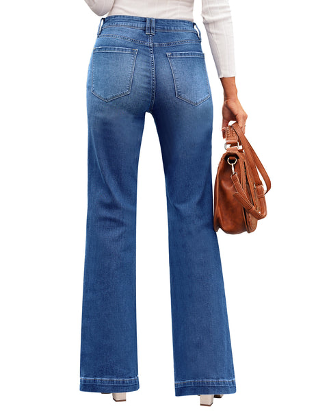 Back view of model poses wearing blue mid-waist stretchable straight leg denim jeans