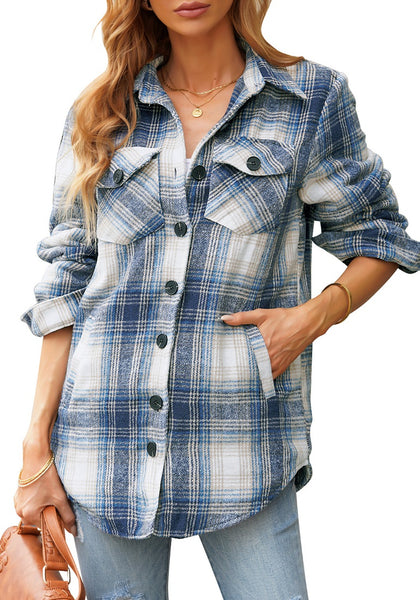 Front view of model wearing navy plaid long sleeves button down jacket