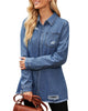 Front view of model wearing blue frayed hem distressed button-down denim jacket