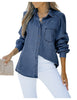 Front view of model wearing blue puff sleeves button-down top