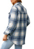 Angled back shot of model wearing navy plaid long sleeves button down jacket