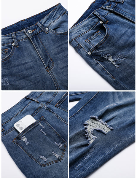 Dark Blue Mid-Waist Ripped Skinny Cropped Denim Jeans