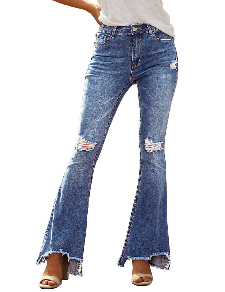 Blue Raw Hem Ripped Flared Denim Jeans | Lookbook Store