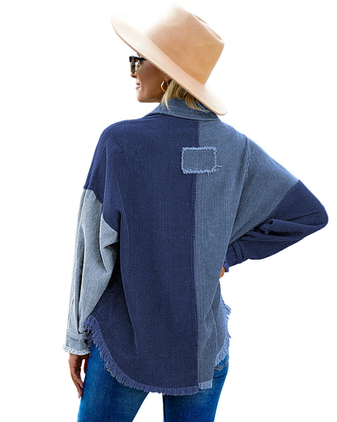 Back view of model wearing blue drop shoulders contrast corduroy button-down jacket