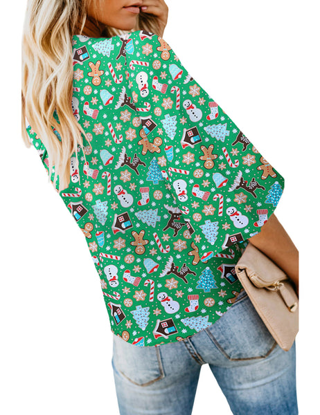 Back view of model wearing green christmas snowflake v-neckline button-up tie-front top