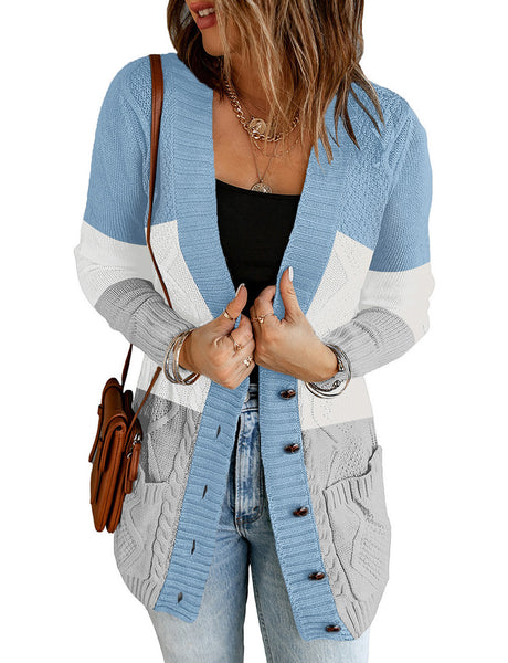 Model wearing light blue colorblock front pockets button-up cable knit cardigan