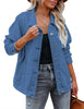 Model wearing blue drop shoulder button-down vintage denim jacket