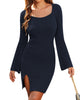 Womens Sweater Dress Bodycon Square Neck Slit Short Dresses Bell Long Sleeve Knit Sexy Outfit