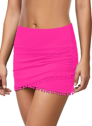 Hot Pink Tulip Hem Tassels Mid-Waist Ruched Swim Skirt