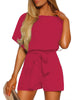 Hot Pink Womens Summer Belted Romper Keyhole Back Short Sleeve Jumpsuit Playsuit