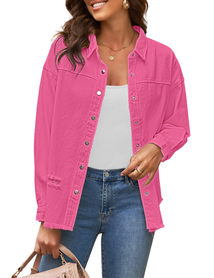 POL clothing Jean denim patchwork jacket distressed frayed pink oatmilk  cream | Clothes, Crop jacket, Long sleeve denim jacket