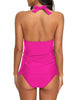 Back view of model wearing magenta solid color halter tankini set