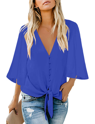 Lapis Blue Women's V Neck Button Down Shirts 3/4 Bell Sleeve Tie Knot Blouse