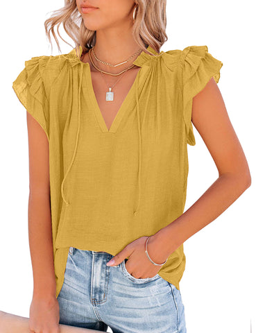 Women's Casual V Neck Tops Ruffle Flutter Shirt Cap Sleeve Blouse