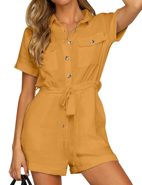Front view of model wearing mustard short sleeves button-down belted romper