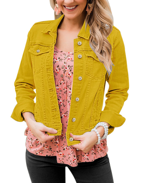 Women's Basic Button Down Stretch Fitted Long Sleeves Denim Jean Jacket