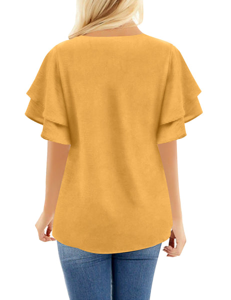 Back view of model wearing mustard yellow flutter sleeves wide V-neck top