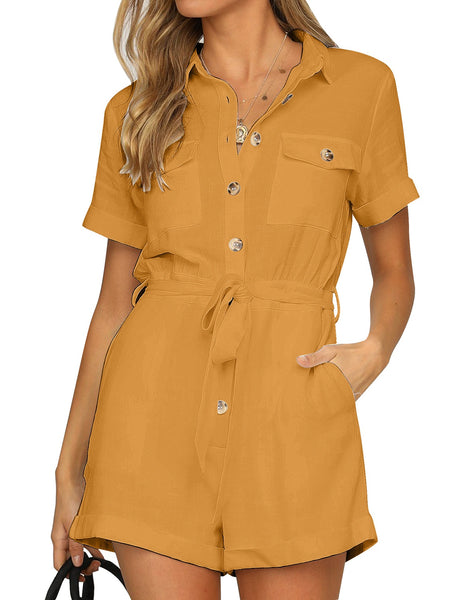 Model wearing mustard short sleeves button-down belted romper