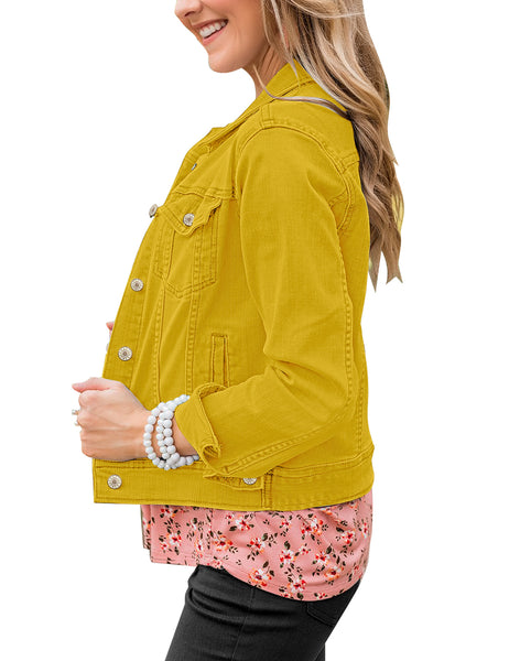 Women's Basic Button Down Stretch Fitted Long Sleeves Denim Jean Jacket
