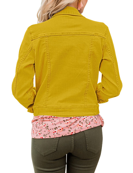 Women's Basic Button Down Stretch Fitted Long Sleeves Denim Jean Jacket