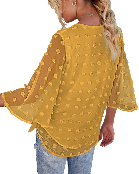 Back view of model wearing mustard yellow 3/4 sleeves pompom tie-front top