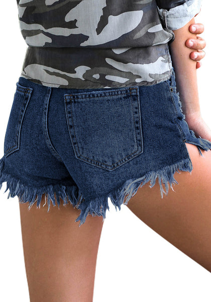 Women's Mid Rise Frayed Ripped Raw Hem Denim Jean Shorts