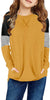 Front view of model wearing Little Girls' Yellow Color Block Raglan Sleeves Stripe Pullover Top