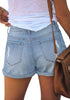 Back view of model wearing light blue high-waist double button cuffed hem ripped denim shorts