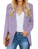 Model wearing purple open-front side pockets blazer