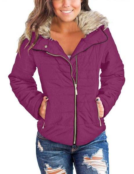 Purple Women Casual Faux Fur Lapel Zip Pockets Quilted Parka Jacket Puffer Coat