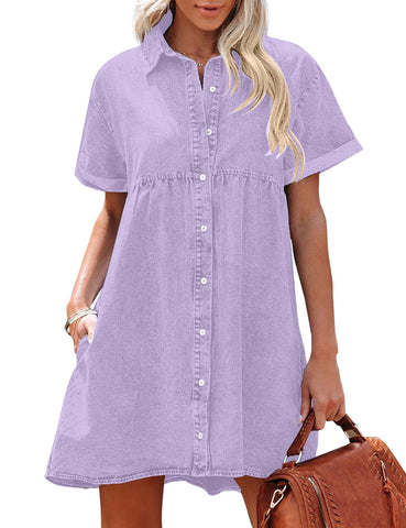 Digital Lavender Women's Short Sleeve Button Down Flowy Tiered Babydoll Denim Dress