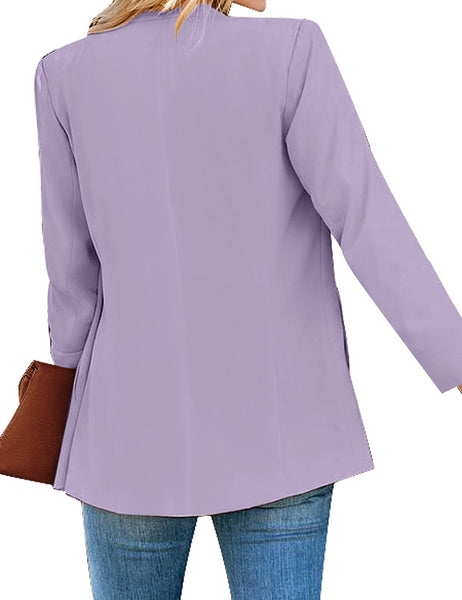 Back view of model wearing purple open-front side pockets blazer