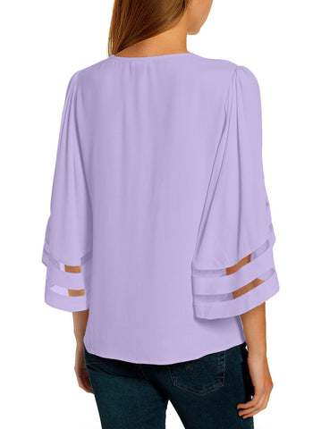 Lavender Women's Casual V Neck Mesh Panel Blouse Tops 3/4 Bell Sleeve Shirt