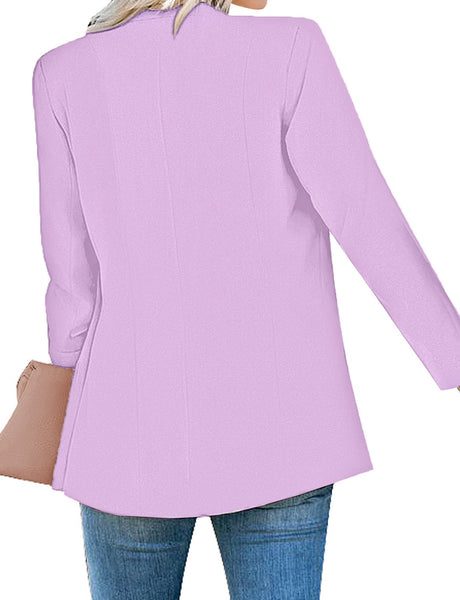 Back view of model wearing lavender lapel front-button side-pockets blazer