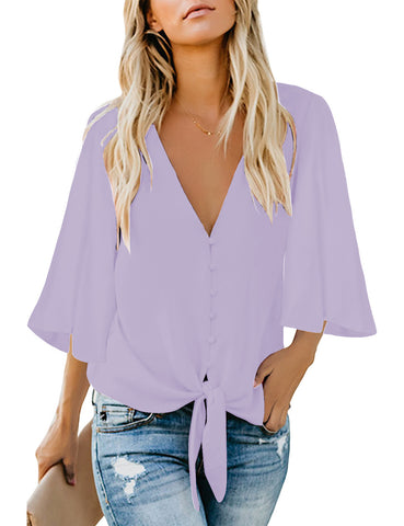 Pastel Lilac Women's V Neck Button Down Shirts 3/4 Bell Sleeve Tie Knot Blouse