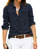 Women's Long Sleeve Collared Shirt Button Down Denim Blouse Tops